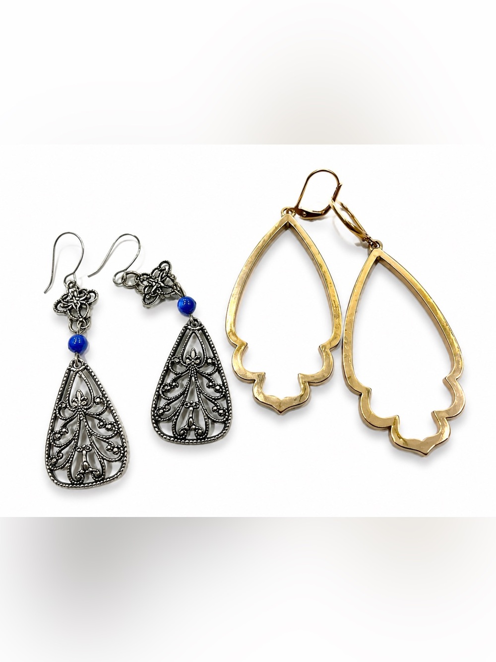Tahari Gold Tone Dangle Earrings + Boho Silver Filigree Earrings Bundle 2 Pairs